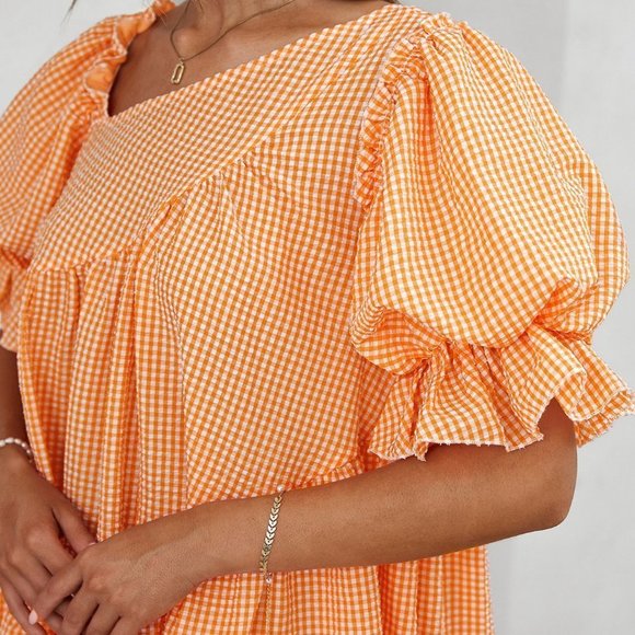 Multicolor Boho Womens Gingham Puff Sleeve Smock Dress - Picture 7 of 7